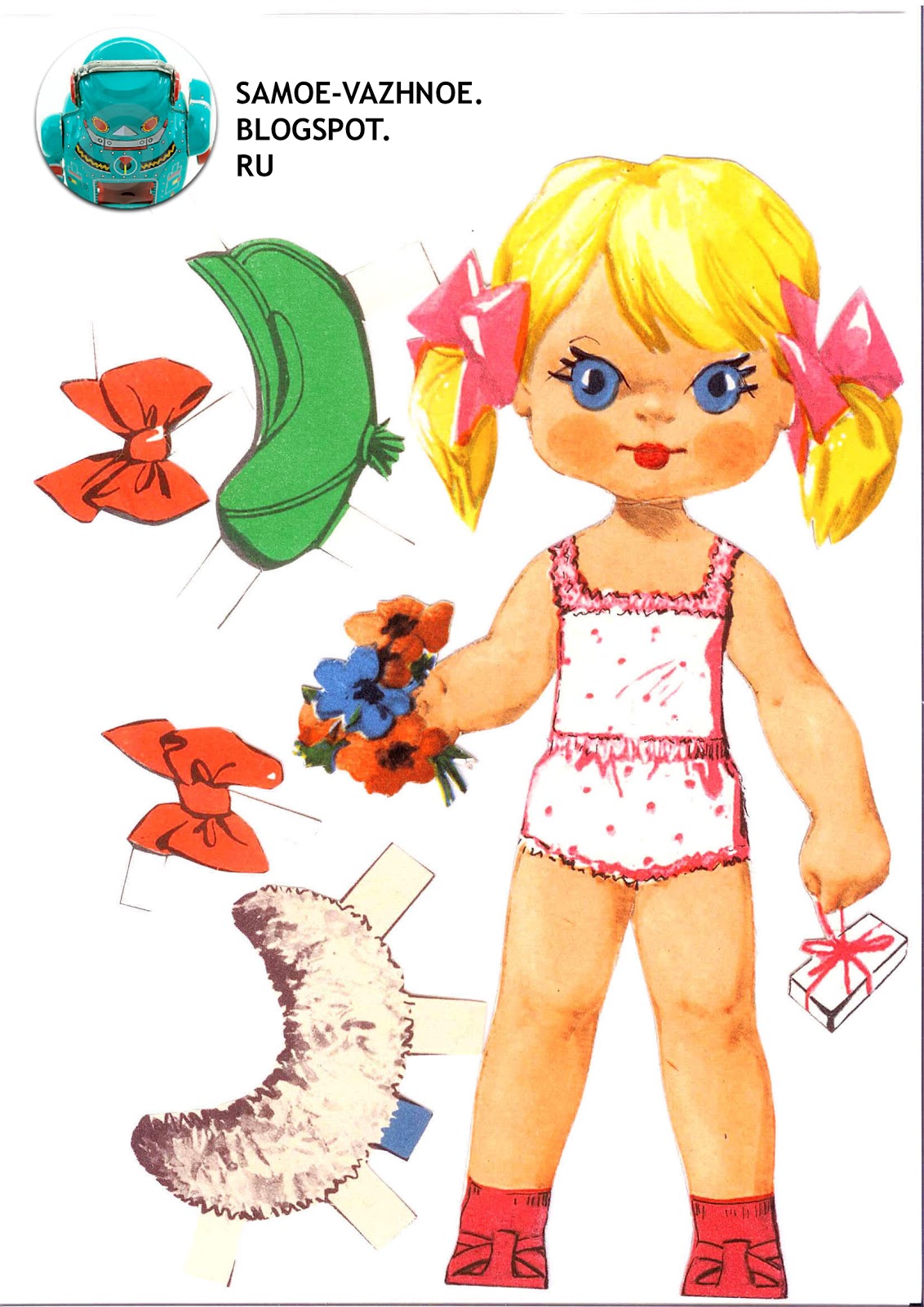 Бумажная кукла СССР светлая девочка два хвостика блондинка светлые волосы, ноги расставлены, подарок, букет, розовые бантики