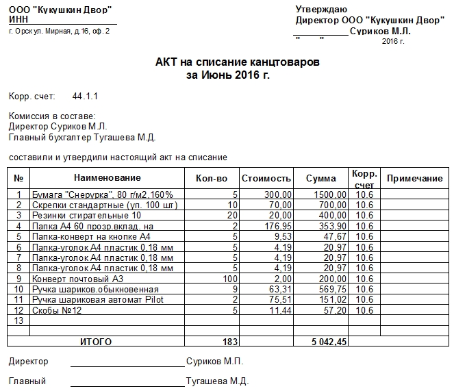 Акт на списание канцтоваров