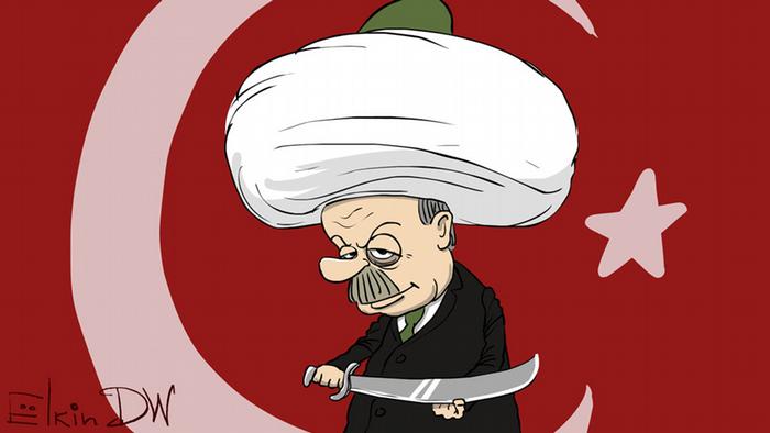 Эрдоган в чалме и с мечом возле турецкого полумесяца