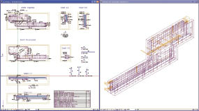 Рис. 5. Экранная копия при редактировании и визуальном контроле закладных деталей с опалубкой и арматурой. Слева отображение в привычном методе работы 2D, справа – в 3D-модели