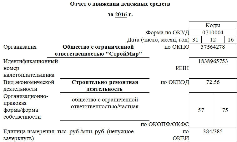 Образец отчета о движении денежных средств, часть 1