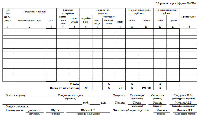 Образец накладной на отпуск товара по форме ОП-4, часть 2