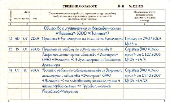 пример заполнения трудовой книжки