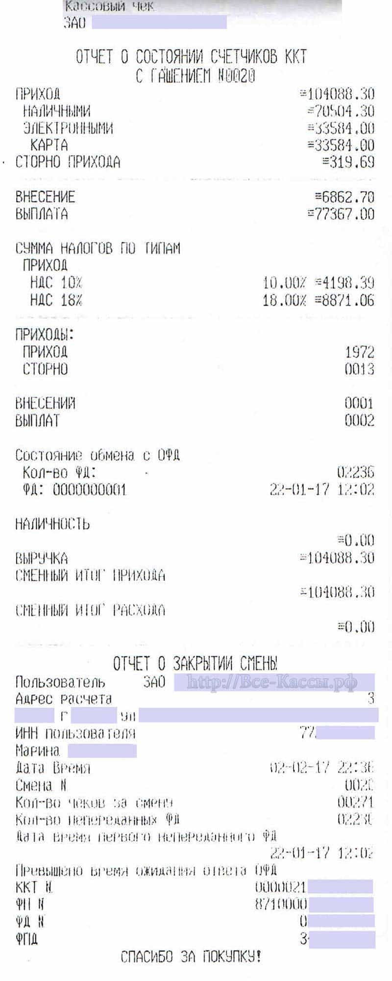 Фото 3. Образец отчета о закрытии смены. Источник: сайт всекассы.рф