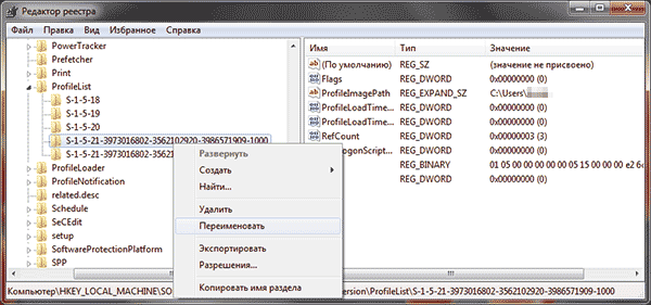 Переименование записи профиля пользователя в реестре