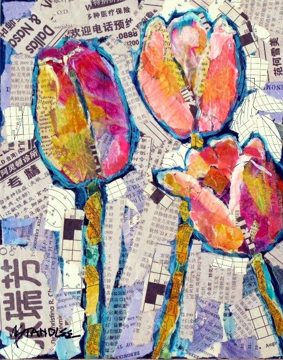 This is beautiful - I think you could do something like this as a kids art project - glue the newspaper collage down and let them paint on top after it dried - then mod podge or glaze over the top.: 