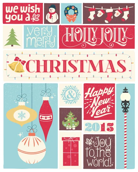 Красочное старинное рождество и новогодний типографский плакат с рождественскими украшениями — стоковое фото