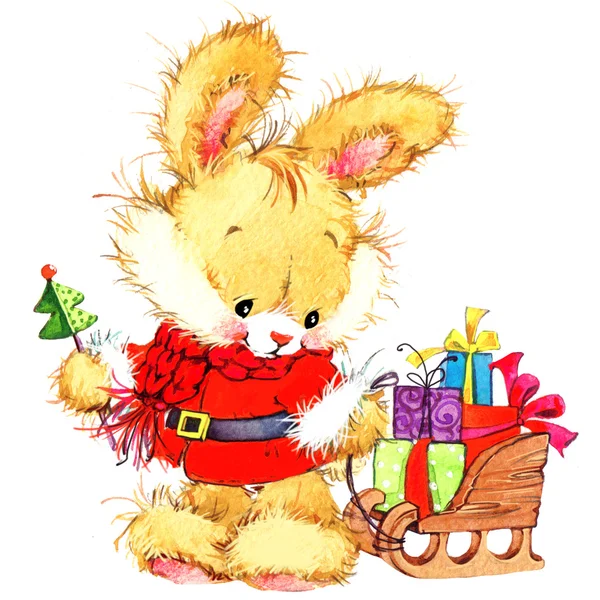 Смешной кролик и Рождество фона акварель Новый год милый зайчик — стоковое фото