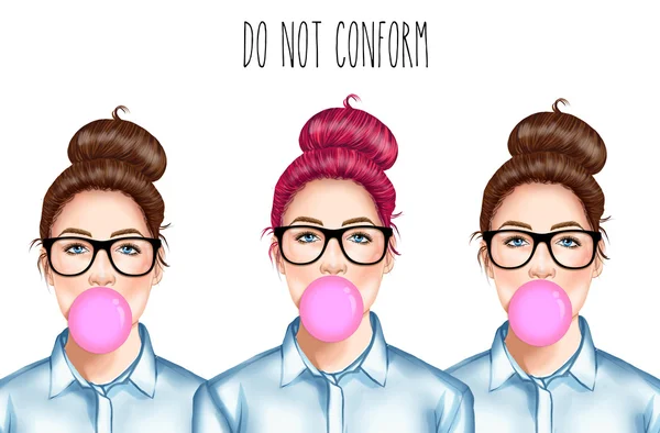 Руки drawn растровые иллюстрации - Мода Иллюстрация красивая молодая красивая девушка с очки, жевания жевательной резинки — стоковое фото