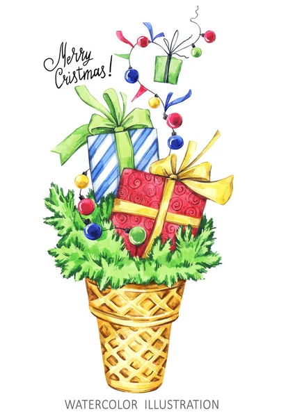 Акварель мультфильм льда конуса с еловые ветки и подарки. Смешные десерт. Рождество, новый год символ — стоковое фото
