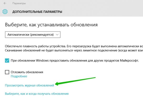Кнопка «Просмотреть журнал обновлений» в «Дополнительных параметрах»