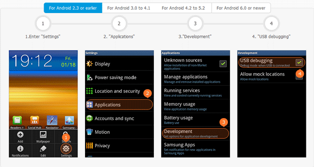 Enable USB debugging for Android phones and tablets running Android 2.3 or earlier